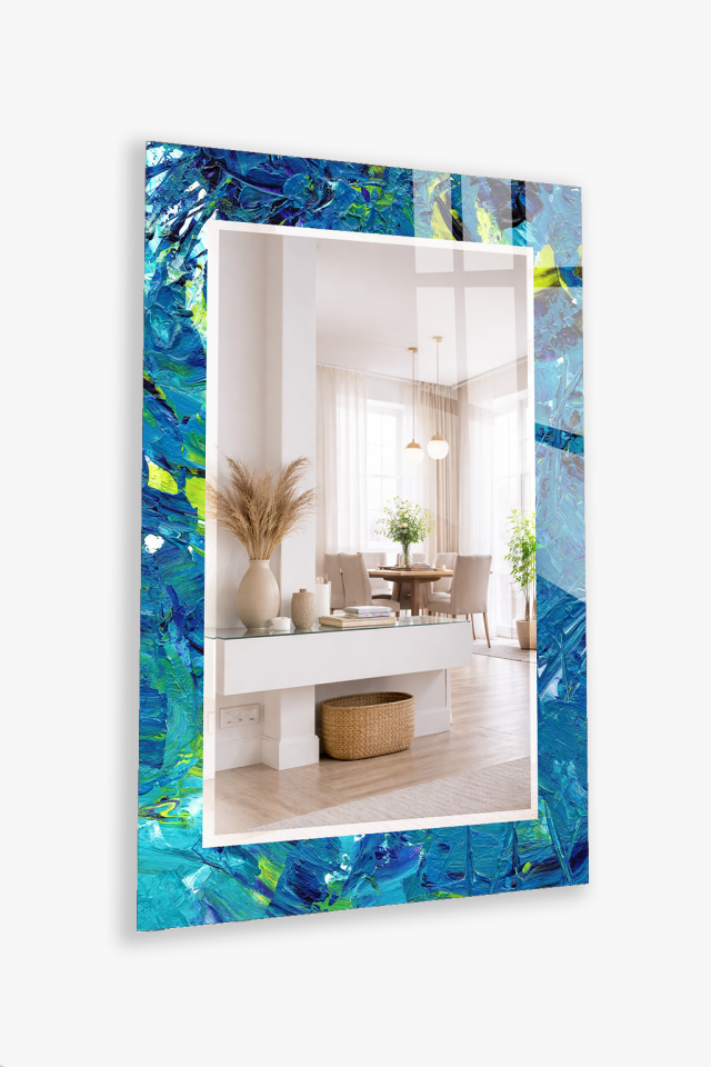 HEM TABLO HEM AYNA MAVİ YEŞİL AKRİLİK FIRÇA DOKU CAM DUVAR AYNASI EV DEKORU
