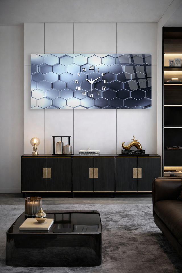 KIRILMAZ CAM DUVAR SAATİ , HEM TABLO HEM SAAT METALİK ALTIGEN DESEN MODERN EV OFİS HEDİYESİ