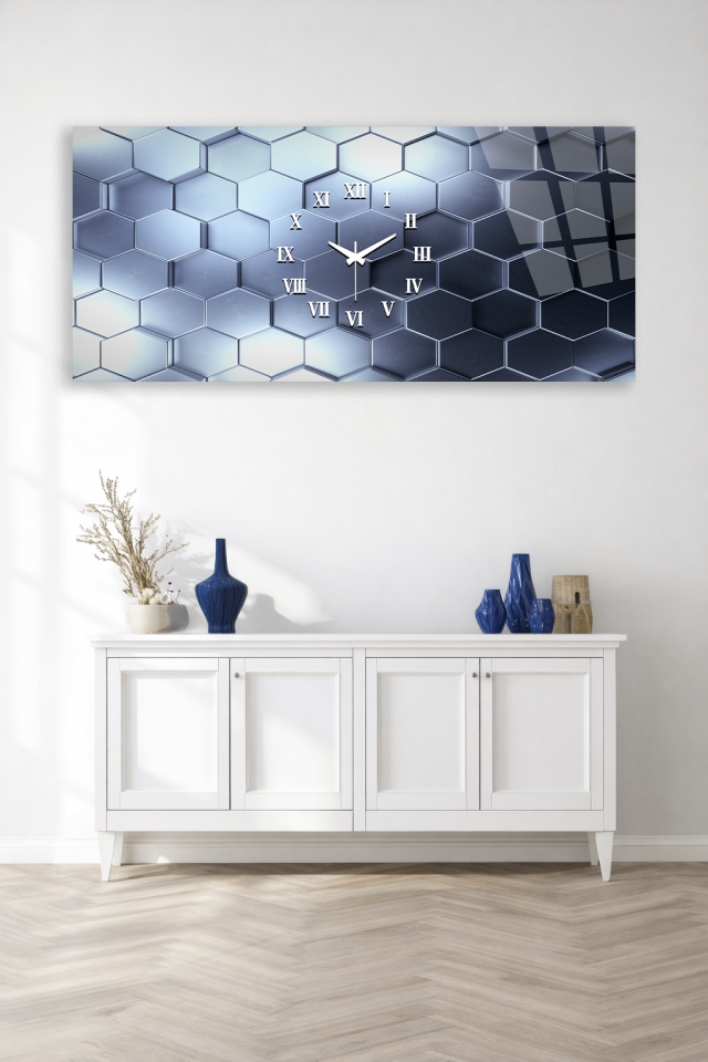 KIRILMAZ CAM DUVAR SAATİ , HEM TABLO HEM SAAT METALİK ALTIGEN DESEN MODERN EV OFİS HEDİYESİ