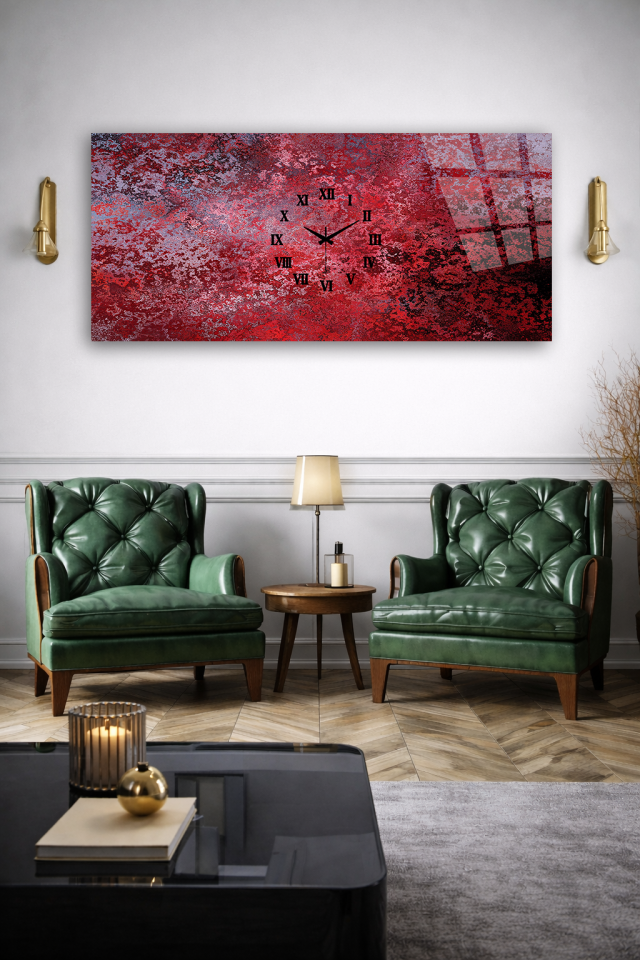 KIRILMAZ CAM DUVAR SAATİ , HEM TABLO HEM SAAT KIRMIZI BETON DOKU MODERN EV OFİS HEDİYESİ