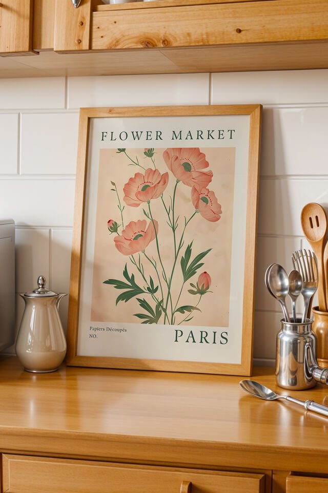 DOĞAL AHŞAP - Paris – Doğal Ahşap Çerçeveli Flower Market Paris Botanik Tablo