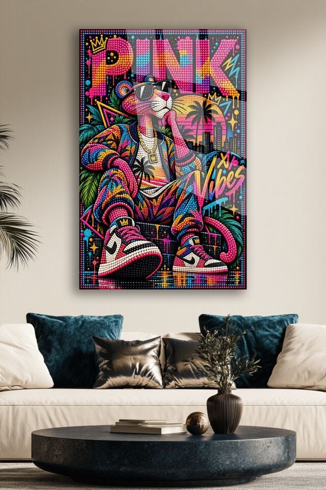 PEMBE PANTER SNEAKER POP ART ELMAS MOZAİK CAM TABLO EV HEDİYESİ