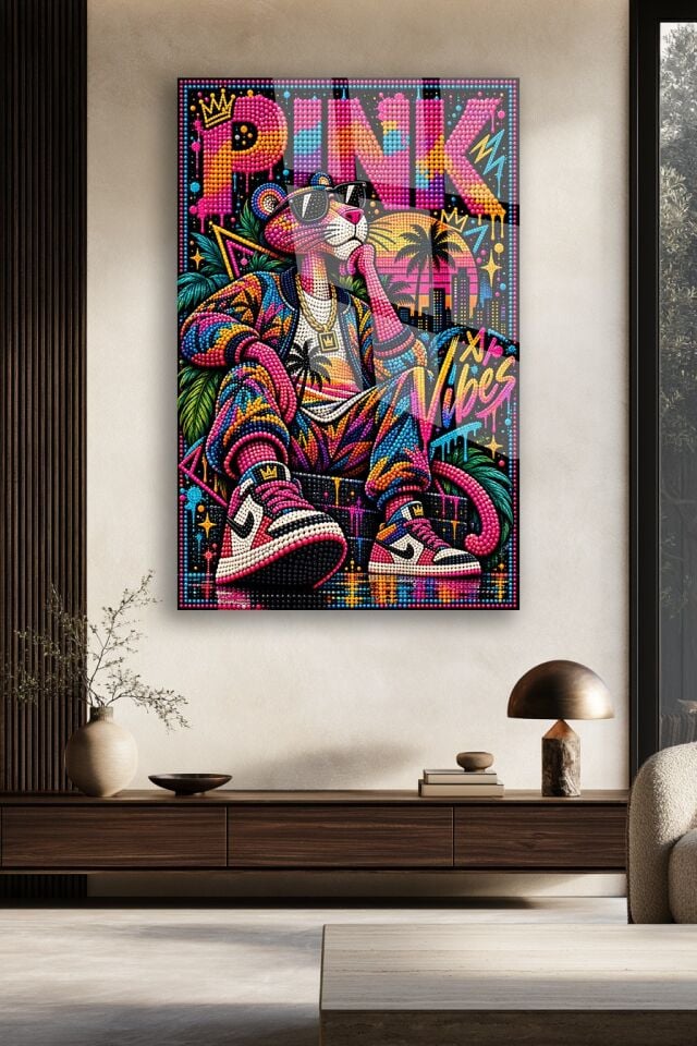 PEMBE PANTER SNEAKER POP ART ELMAS MOZAİK CAM TABLO EV HEDİYESİ