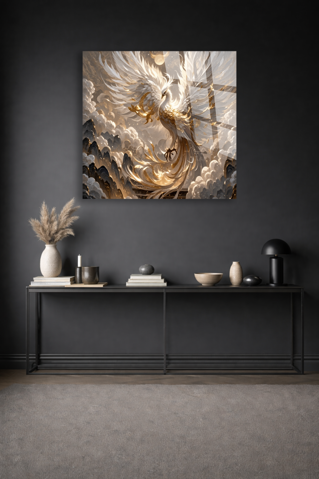 GERÇEK KIRILMAZ CAM TABLO ANKA KUŞU ALTIN DETAYLI FANTASTİK SANATSAL DUVAR DEKORU EV OFİS HEDİYESİ