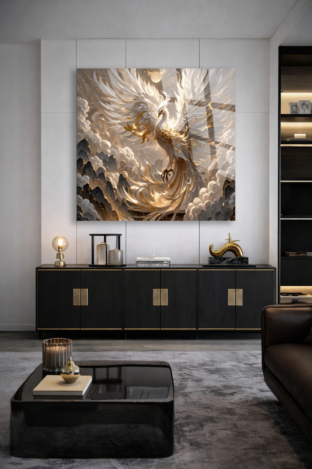 GERÇEK KIRILMAZ CAM TABLO ANKA KUŞU ALTIN DETAYLI FANTASTİK SANATSAL DUVAR DEKORU EV OFİS HEDİYESİ