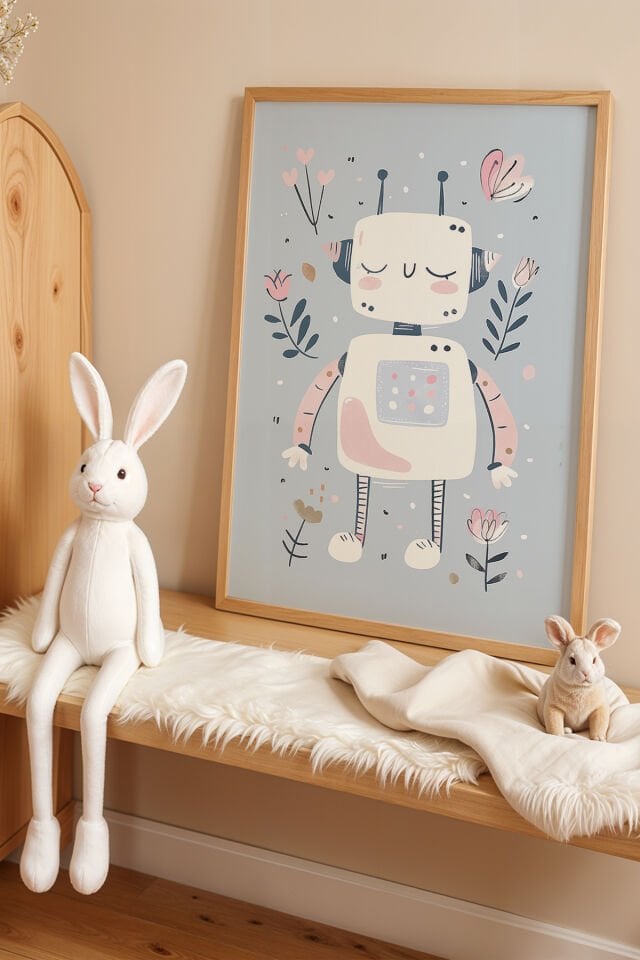 DOĞAL AHŞAP - Mavi Tonlarda Retro Robot Çizimi - Doğal Ahşap Çerçeveli Çocuk Odası ve Bebek Odası Tablosu