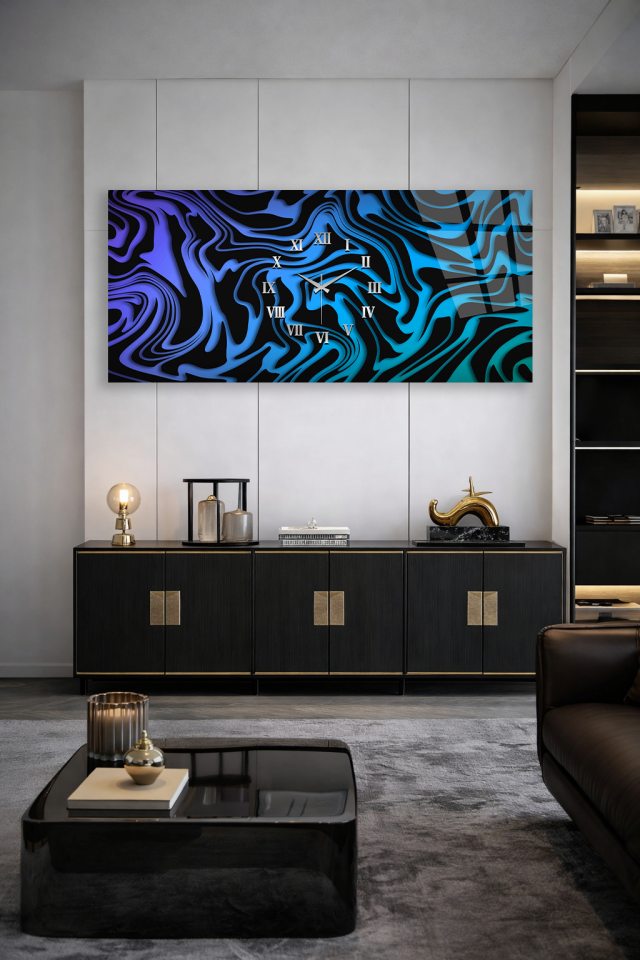 KIRILMAZ CAM DUVAR SAATİ , HEM TABLO HEM SAAT MAVİ SİYAH SOYUT DALGA TASARIM EV OFİS HEDİYESİ