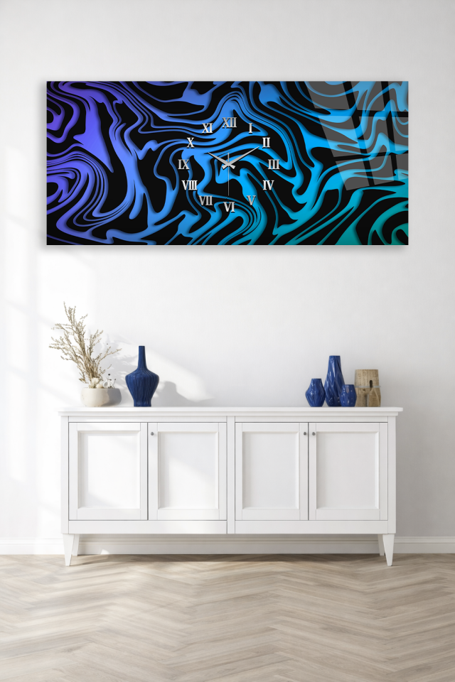 KIRILMAZ CAM DUVAR SAATİ , HEM TABLO HEM SAAT MAVİ SİYAH SOYUT DALGA TASARIM EV OFİS HEDİYESİ
