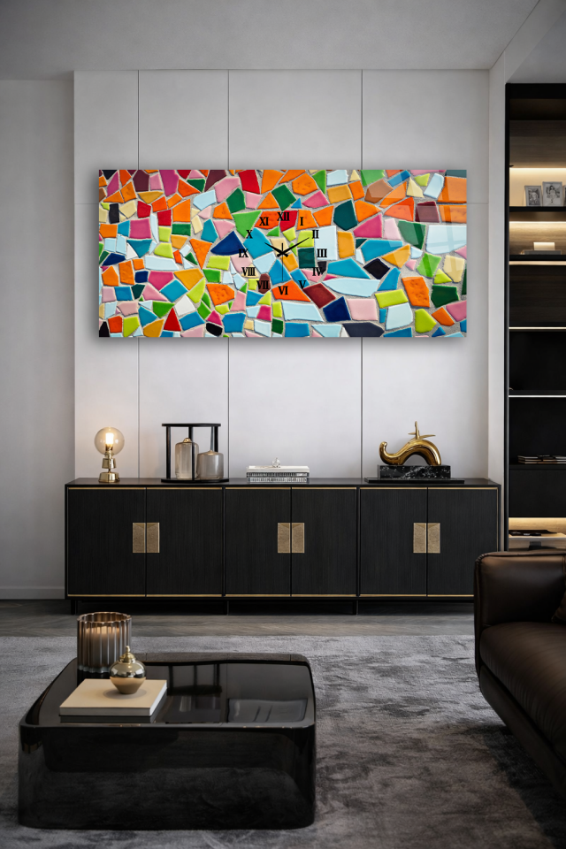 KIRILMAZ CAM DUVAR SAATİ , HEM TABLO HEM SAAT RENKLİ MOZAİK CAM DESEN EV OFİS HEDİYESİ
