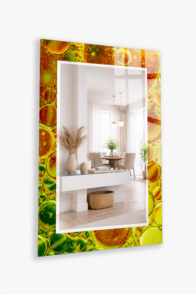 HEM TABLO HEM AYNA SARI YEŞİL SIVI DAMLA SOYUT CAM DUVAR AYNASI EV DEKORU