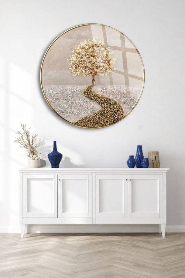 GERÇEK KIRILMAZ CAM TABLO YUVARLAK HAYAT AĞACI ALTIN YOL SANATSAL DUVAR DEKORU EV OFİS HEDİYESİ