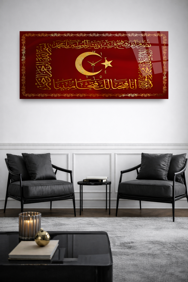 KIRILMAZ CAM DUVAR SAATİ , HEM TABLO HEM SAAT AY YILDIZ HAT SANATI EV OFİS HEDİYESİ