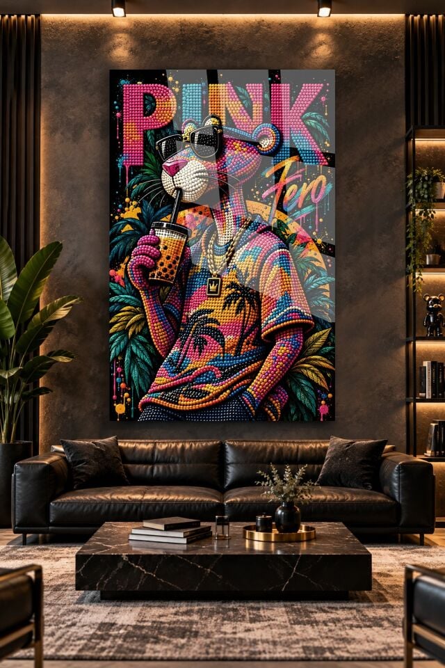 PEMBE PANTER GRAFİTİ POP ART ELMAS MOZAİK CAM TABLO EV HEDİYESİ