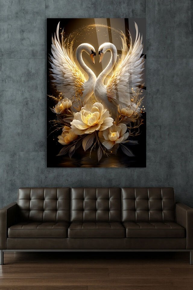 PREMIUM KIRILMAZ CAM TABLO | Çift Kuğu & Altın Çiçek Tasarımı | Şık Duvar Dekoru