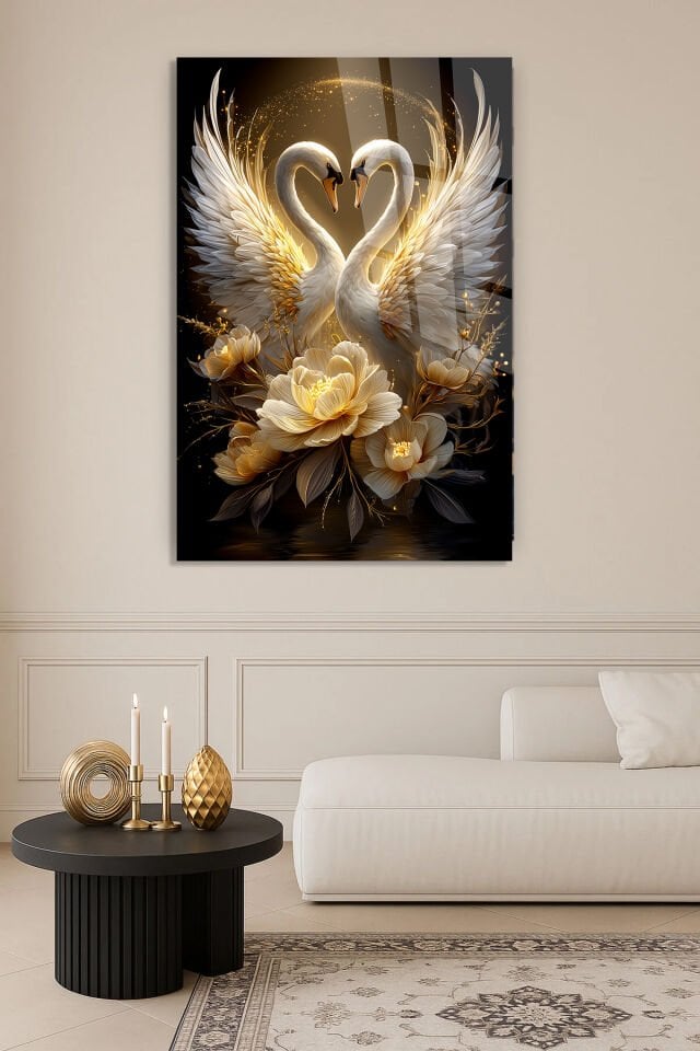 PREMIUM KIRILMAZ CAM TABLO | Çift Kuğu & Altın Çiçek Tasarımı | Şık Duvar Dekoru