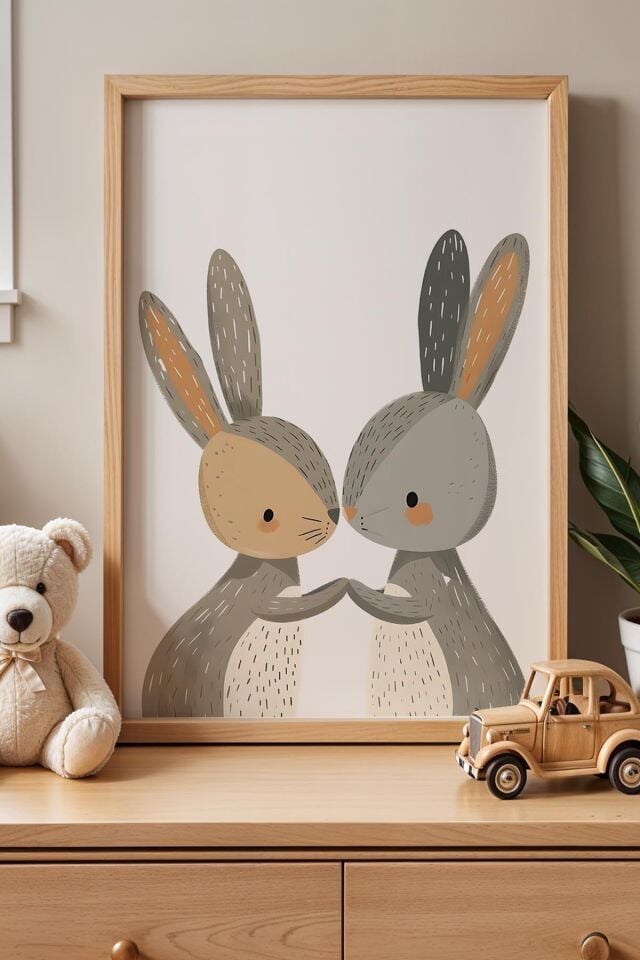 DOĞAL AHŞAP - Burun Buruna Tavşanlar İllüstrasyonlu Çocuk Odası Ahşap Çerçeveli Duvar Tablosu