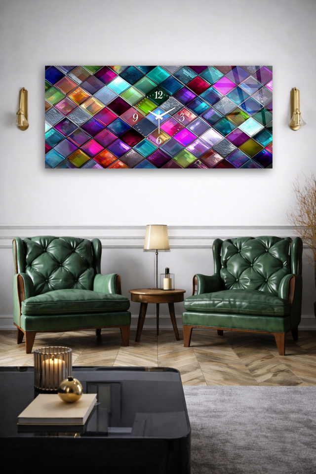 KIRILMAZ CAM DUVAR SAATİ , HEM TABLO HEM SAAT RENKLİ CAM KARE MOZAİK EV OFİS HEDİYESİ