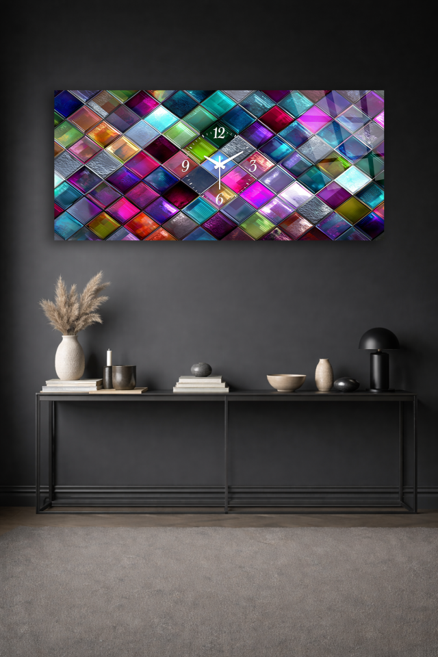 KIRILMAZ CAM DUVAR SAATİ , HEM TABLO HEM SAAT RENKLİ CAM KARE MOZAİK EV OFİS HEDİYESİ