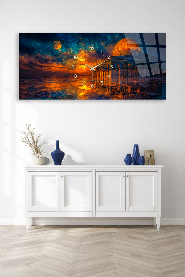 KIRILMAZ CAM DUVAR SAATİ , HEM TABLO HEM SAAT MESCİDİ AKSA TEMALI SANATSAL TASARIM EV OFİS HEDİYESİ