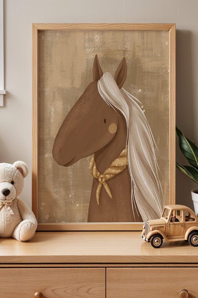 DOĞAL AHŞAP - Sevimli At Çocuk Odası Ahşap Çerçeveli Duvar Tablosu