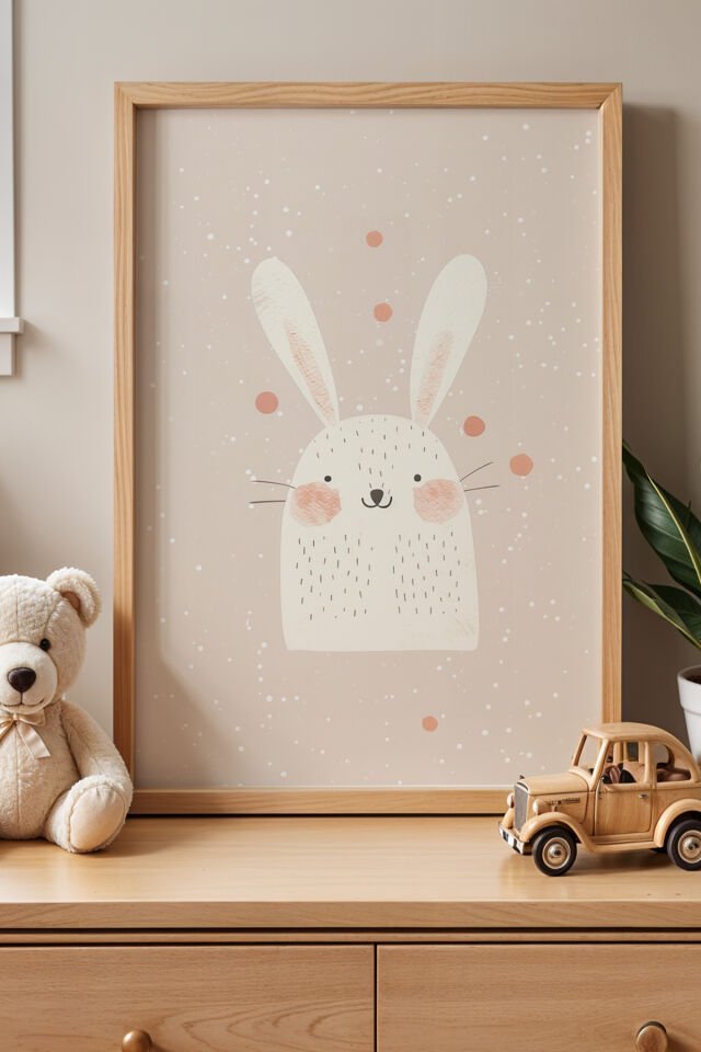 DOĞAL AHŞAP - Tüyleri Yumuşak Sevimli Tavşan - Doğal Ahşap Çerçeveli Çocuk ve Bebek Odası Tablosu