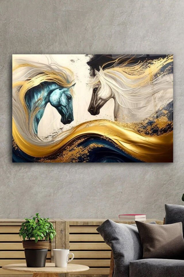 SEVGİLİ AŞK MOTİFLİ AT GÖRSELİ KIRILMAZ LÜKS CAM TABLO EV İŞ YERİ OFİS HEDİYESİ Mavi