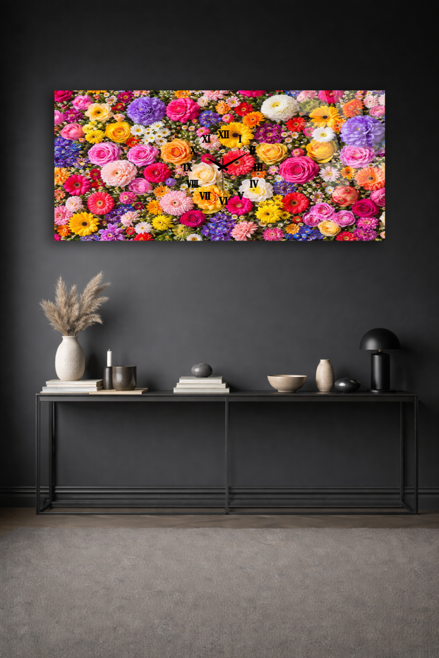 KIRILMAZ CAM DUVAR SAATİ , HEM TABLO HEM SAAT RENKLİ ÇİÇEK BAHÇESİ DESEN EV OFİS HEDİYESİ