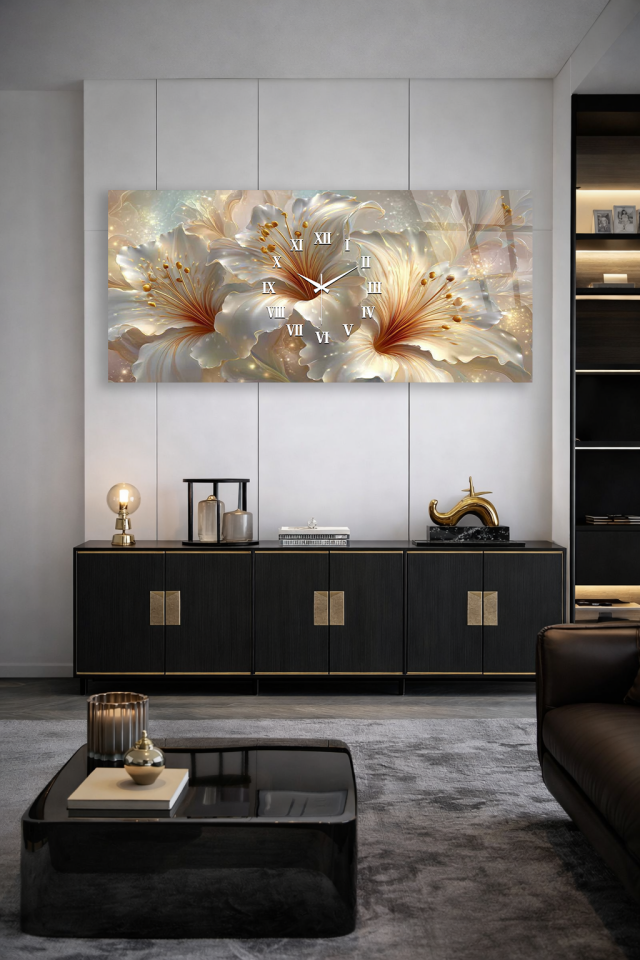 KIRILMAZ CAM DUVAR SAATİ , HEM TABLO HEM SAAT BEYAZ ÇİÇEKLİ ZARİF DUVAR DEKORU EV OFİS HEDİYESİ