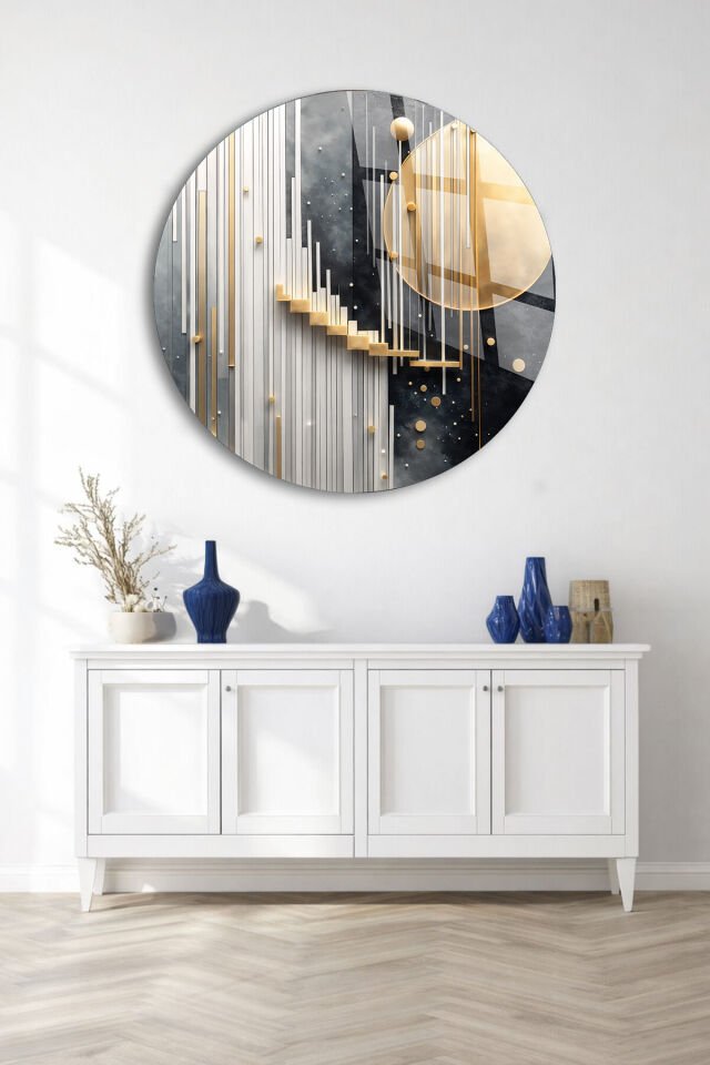 GERÇEK KIRILMAZ CAM TABLO YUVARLAK SOYUT GEOMETRİK SANATSAL MODERN DUVAR DEKORU EV OFİS HEDİYESİ