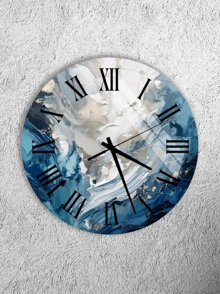 KIRILMAZ CAM DUVAR SAATİ, HEM TABLO HEM SAAT MAVİ BEJ SOYUT MERMER DESEN EV OFİS HEDİYESİ