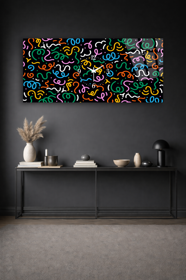 KIRILMAZ CAM DUVAR SAATİ , HEM TABLO HEM SAAT SOYUT RENKLİ ÇİZGİLER EV OFİS HEDİYESİ
