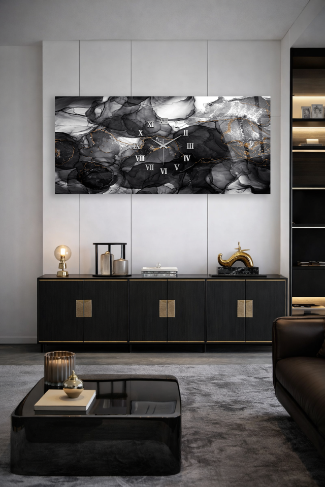 KIRILMAZ CAM DUVAR SAATİ , HEM TABLO HEM SAAT SİYAH MERMER ALTIN DAMAR TASARIM EV OFİS HEDİYESİ