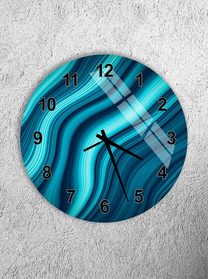 KIRILMAZ CAM DUVAR SAATİ, HEM TABLO HEM SAAT TURKUAZ DALGA SOYUT MODERN TASARIM EV OFİS HEDİYESİ