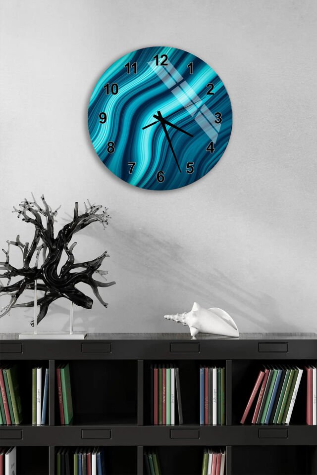 KIRILMAZ CAM DUVAR SAATİ, HEM TABLO HEM SAAT TURKUAZ DALGA SOYUT MODERN TASARIM EV OFİS HEDİYESİ