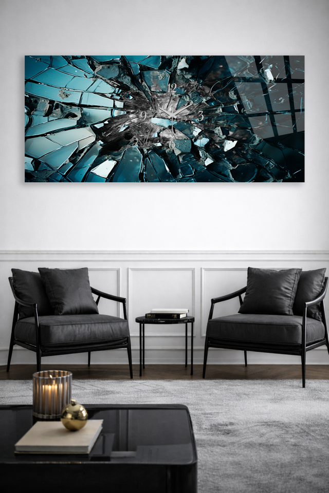 KIRILMAZ CAM DUVAR SAATİ , HEM TABLO HEM SAAT KIRIK CAM SANATSAL DUVAR SAATİ EV OFİS HEDİYESİ