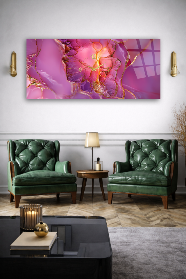 KIRILMAZ CAM DUVAR SAATİ , HEM TABLO HEM SAAT PEMBE ALTIN MERMER DESEN EV OFİS HEDİYESİ