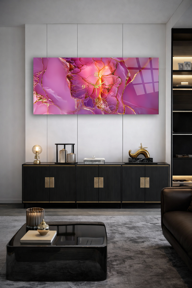 KIRILMAZ CAM DUVAR SAATİ , HEM TABLO HEM SAAT PEMBE ALTIN MERMER DESEN EV OFİS HEDİYESİ