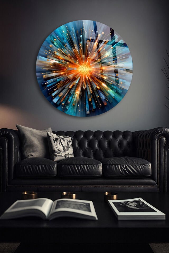 GERÇEK KIRILMAZ CAM TABLO YUVARLAK KOZMİK PATLAMA SOYUT SANATSAL DUVAR DEKORU EV OFİS HEDİYESİ