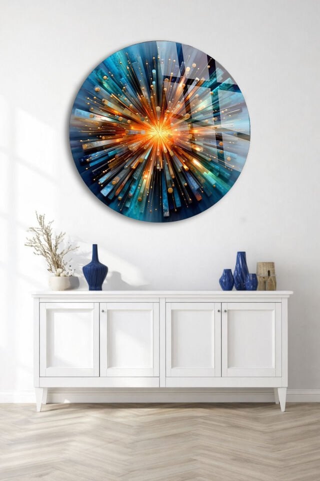 GERÇEK KIRILMAZ CAM TABLO YUVARLAK KOZMİK PATLAMA SOYUT SANATSAL DUVAR DEKORU EV OFİS HEDİYESİ