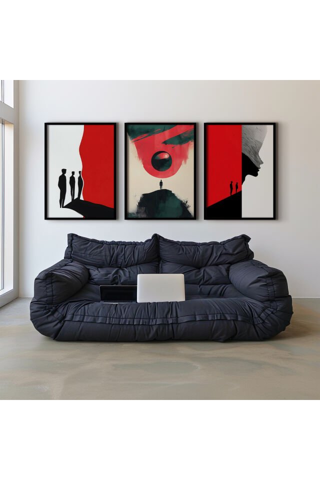 SİYAH - Abstract Modern Siluet Sanatı Üçlü Doğal Ahşap Çerçeveli Duvar Tablo Seti