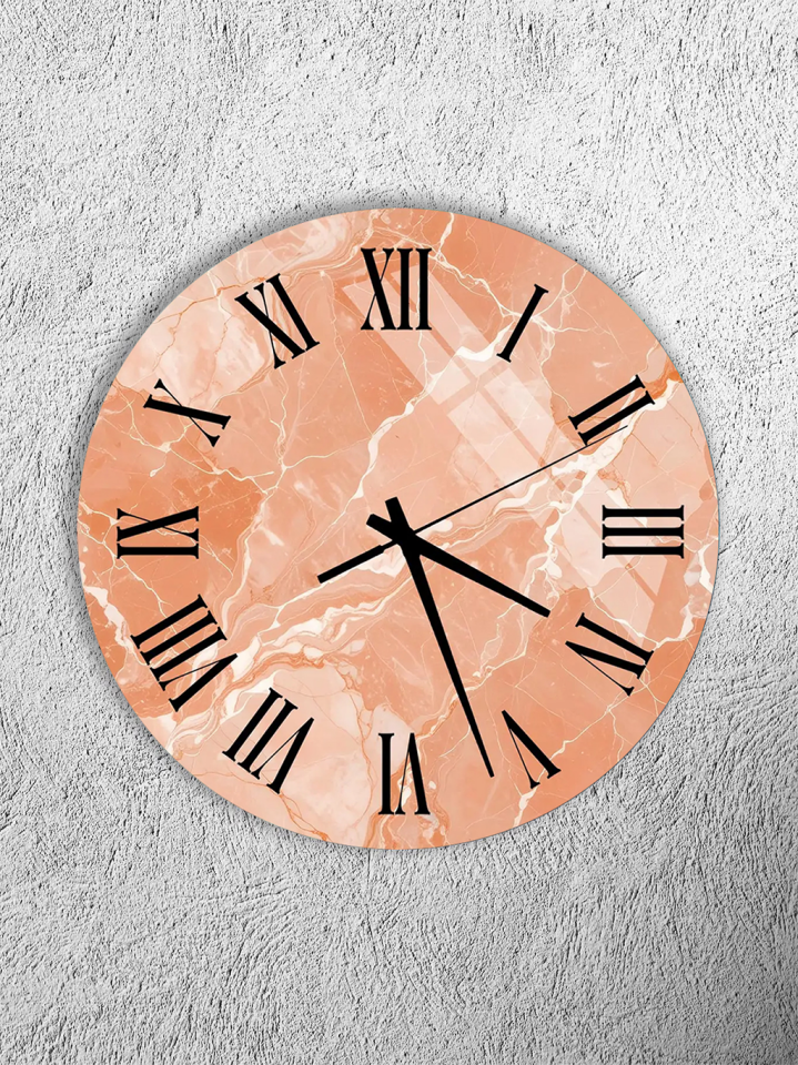 KIRILMAZ CAM DUVAR SAATİ, HEM TABLO HEM SAAT ŞEFTALİ TON MERMER ROMEN RAKAM TASARIM EV OFİS HEDİYESİ