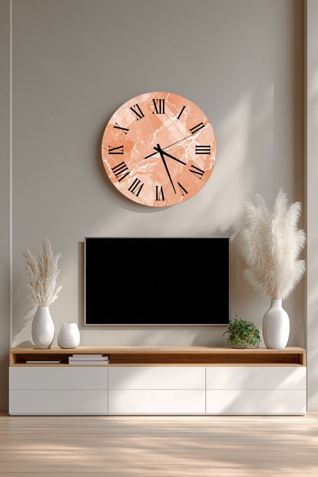 KIRILMAZ CAM DUVAR SAATİ, HEM TABLO HEM SAAT ŞEFTALİ TON MERMER ROMEN RAKAM TASARIM EV OFİS HEDİYESİ