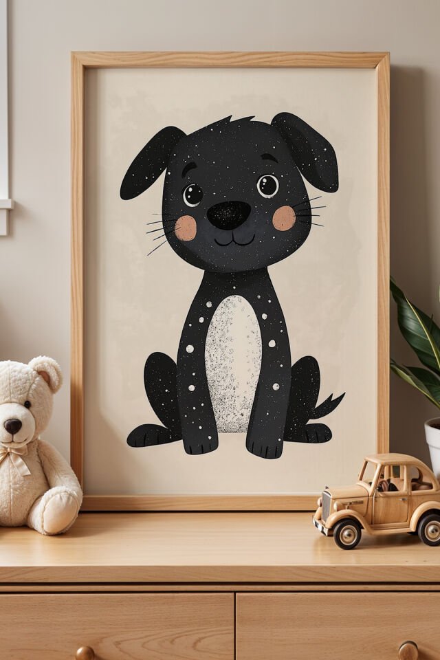 DOĞAL AHŞAP - Minimal Çizgili Şirin Köpek Çocuk Odası Ahşap Çerçeveli Duvar Tablosu