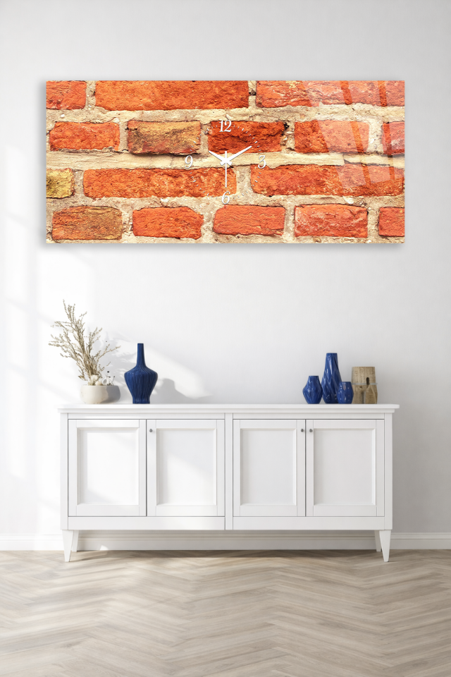 KIRILMAZ CAM DUVAR SAATİ , HEM TABLO HEM SAAT DOĞAL TUĞLA DUVAR DESENLİ DEKOR EV OFİS HEDİYESİ