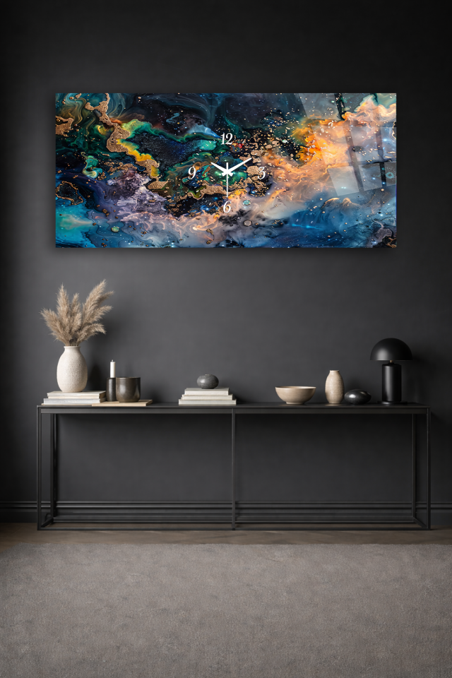 KIRILMAZ CAM DUVAR SAATİ , HEM TABLO HEM SAAT TURKUAZ TURUNCU SOYUT TASARIM EV OFİS HEDİYESİ