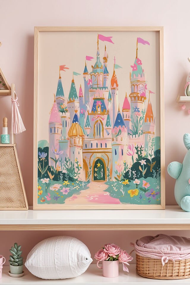 DOĞAL AHŞAP - Masal Şatosu Temalı Çocuk Odası Ahşap Çerçeveli Duvar Tablosu