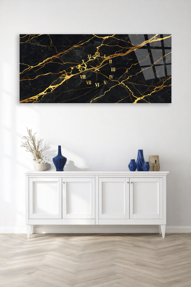 KIRILMAZ CAM DUVAR SAATİ , HEM TABLO HEM SAAT SİYAH MERMER GOLD DAMAR TASARIMI EV OFİS HEDİYESİ