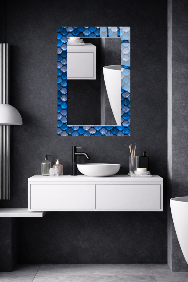 HEM TABLO HEM AYNA MAVİ BALIK PULU DESEN CAM DUVAR AYNASI EV DEKORU