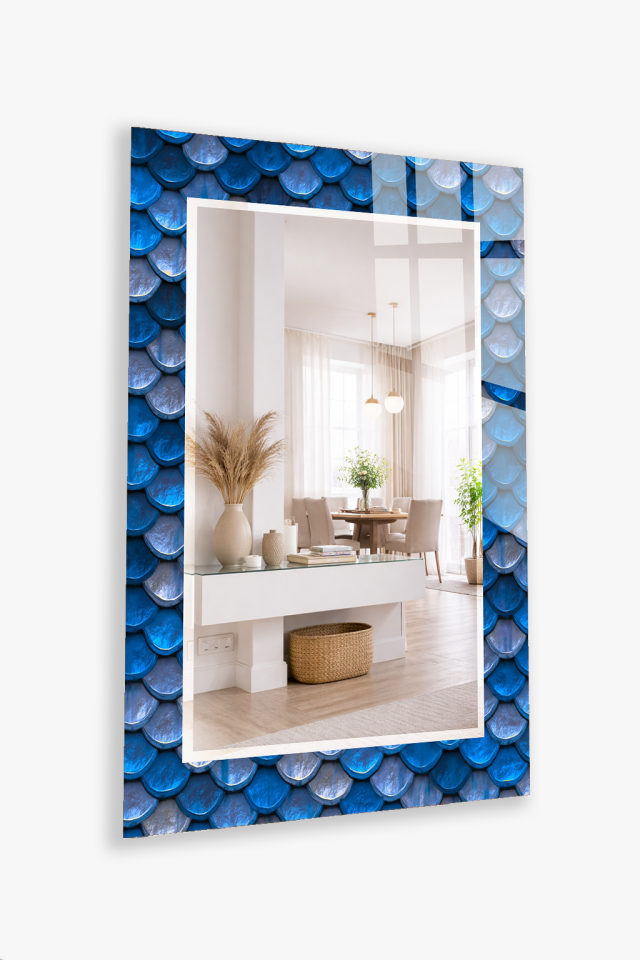 HEM TABLO HEM AYNA MAVİ BALIK PULU DESEN CAM DUVAR AYNASI EV DEKORU
