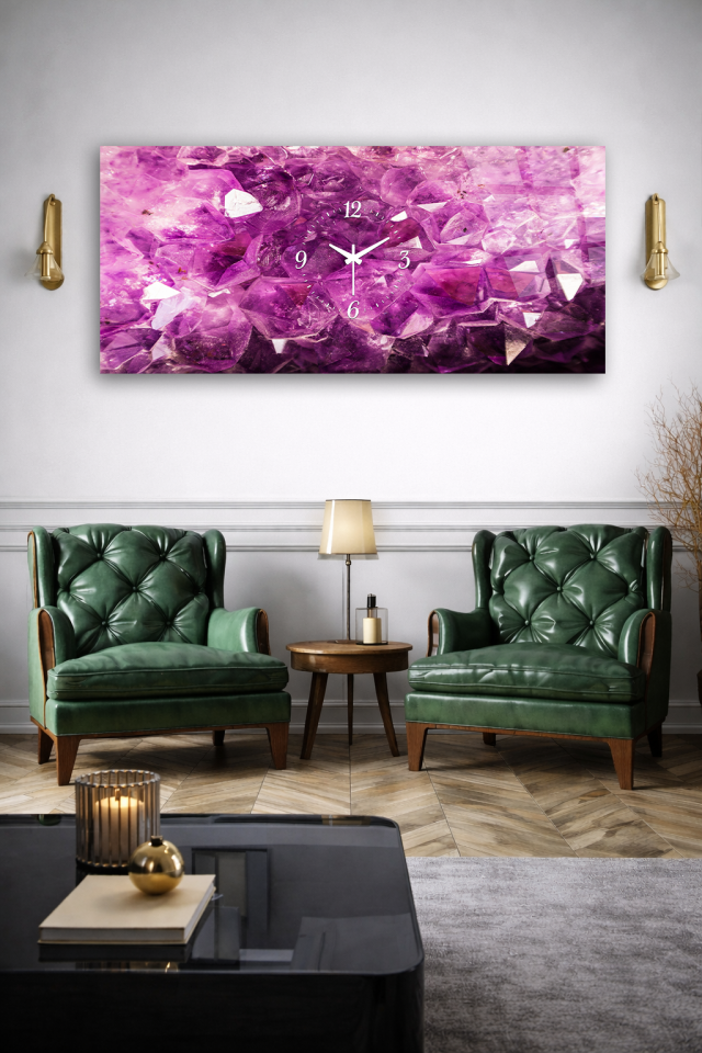 KIRILMAZ CAM DUVAR SAATİ , HEM TABLO HEM SAAT PEMPE KRİSTALLER SOYUT TASARIM EV OFİS HEDİYESİ